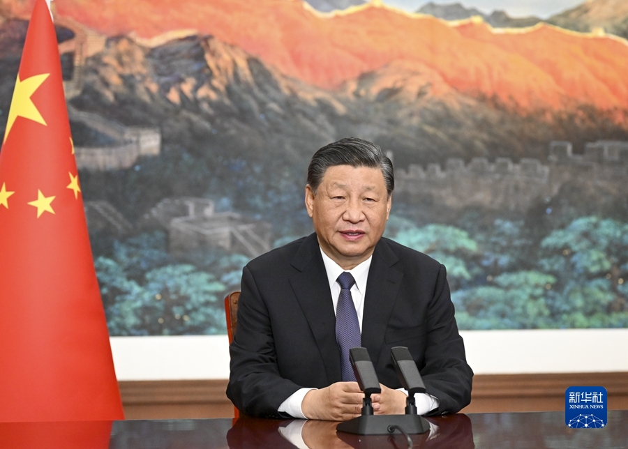 11月8日上午，國家主席習(xí)近平向2023年世界互聯(lián)網(wǎng)大會烏鎮(zhèn)峰會開幕式發(fā)表視頻致辭。新華社記者 李學(xué)仁 攝