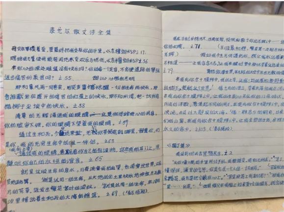 除了孫犁，李躍慧也十分喜愛泰戈?duì)?，這是她手抄的部分泰戈?duì)栐姼? /></p>
<p style=