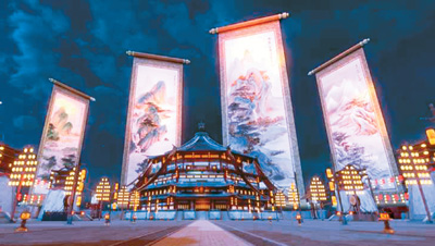 《唐宮夜宴》展覽中，含元殿外景。 　　出品方供圖